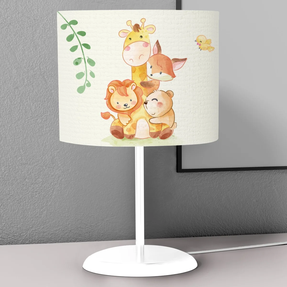 Orman Hayvanları Abajur | Beyaz küçük kuşlar, yapraklar Desenli