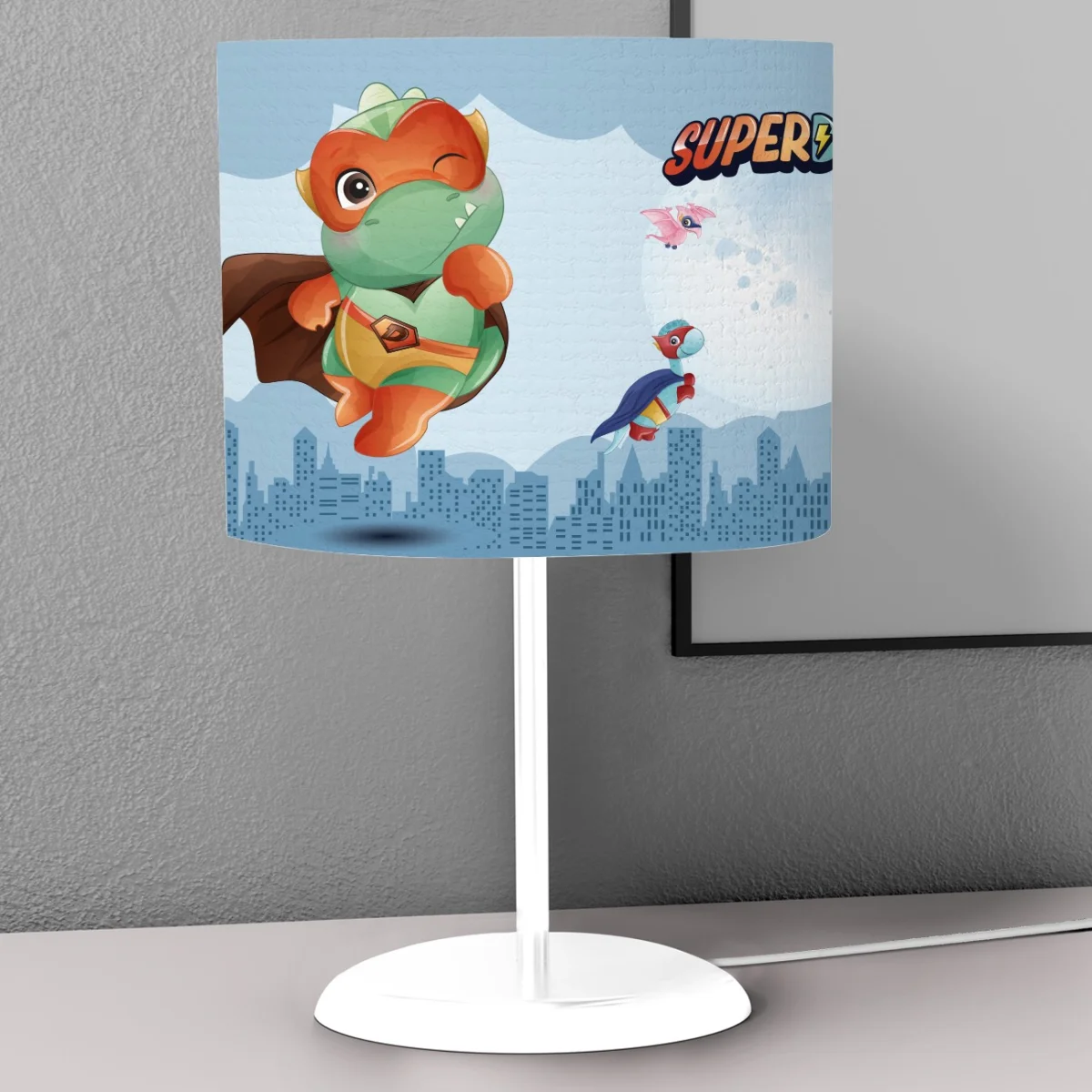 Süper Kahraman Dinozorlar Abajur | Mavi şehir silüetleri, ay Desenli