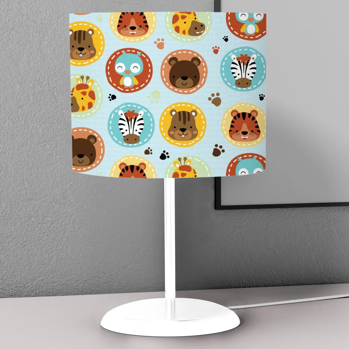 Orman Hayvanları Abajur | Mavi pençe izleri, renkli daireler Desenli