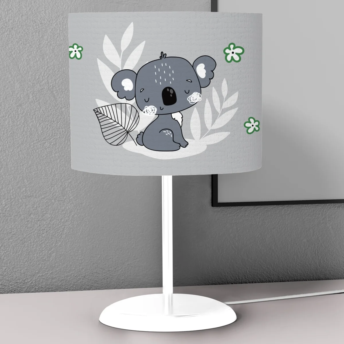 Koala Abajur | Gri Yapraklar, küçük yeşil çiçekler Desenli