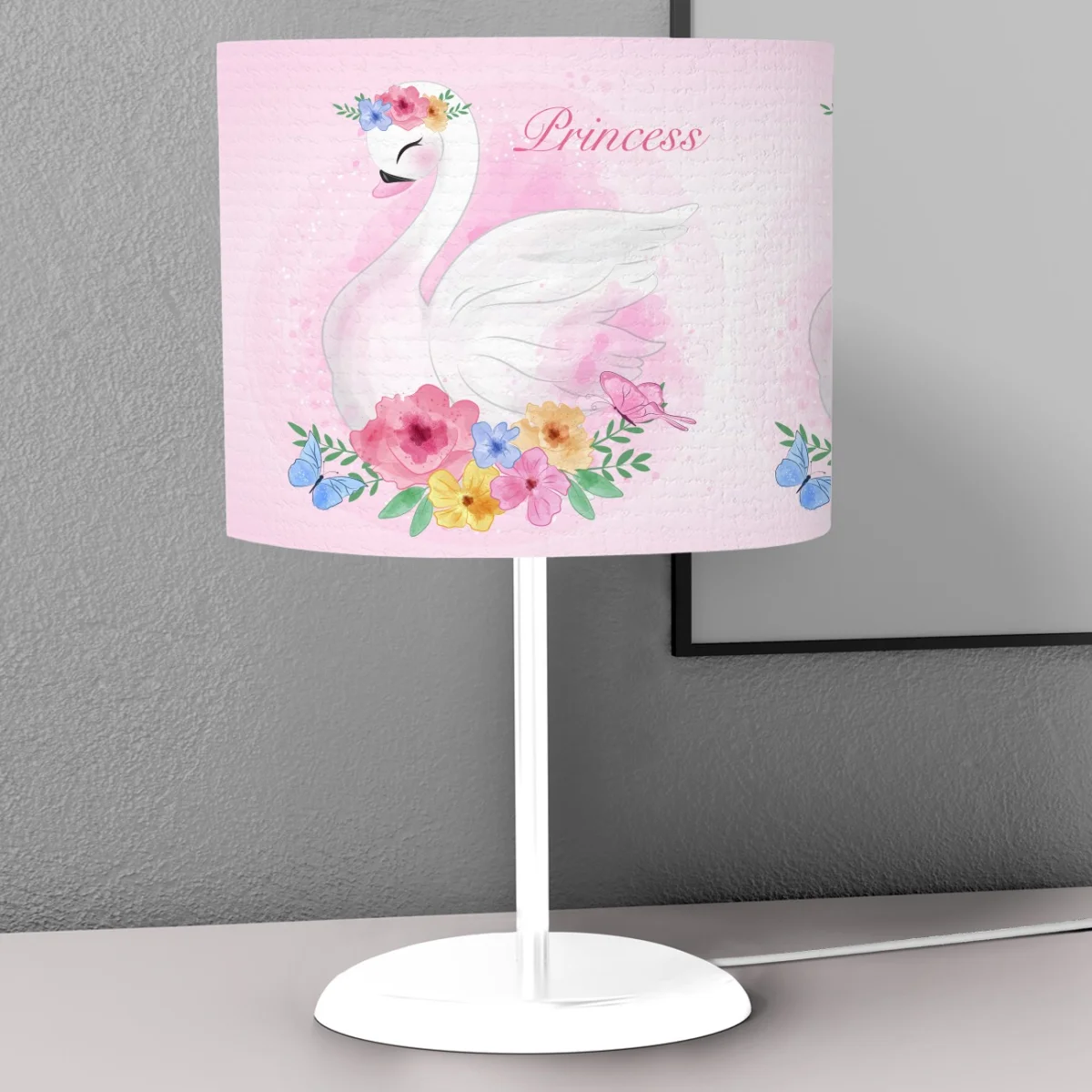 Kuğulu Prenses Abajur | Pembe çiçekler, kelebekler Desenli