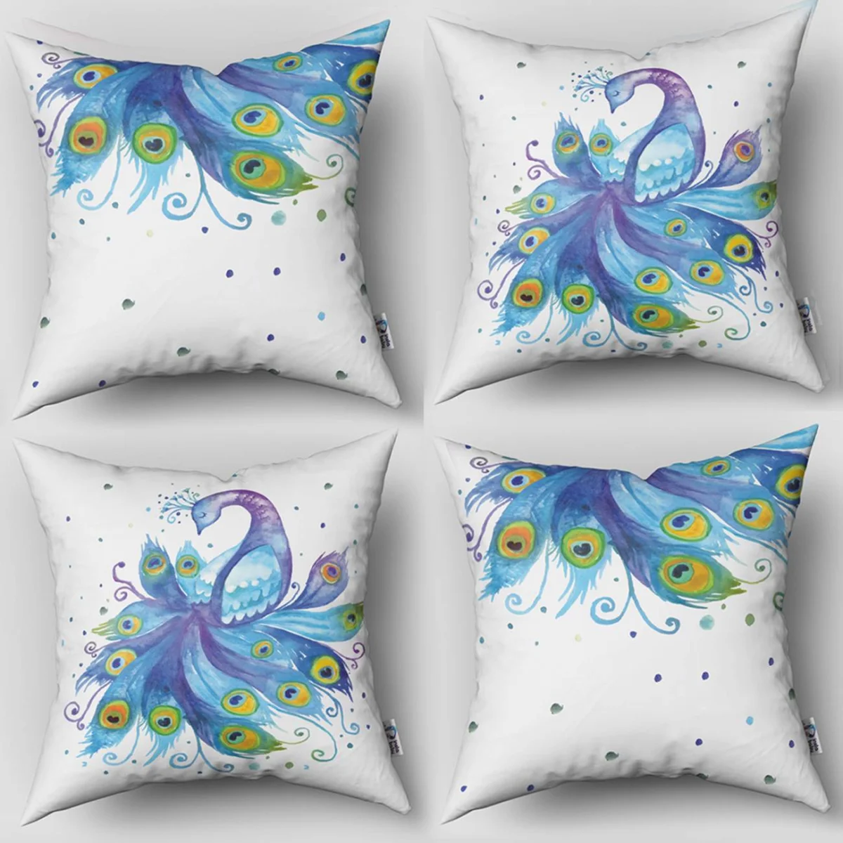 Tavus kuşu 4lü Kırlent | Beyaz Renkli noktalar, stilize kıvrımlar Desenli