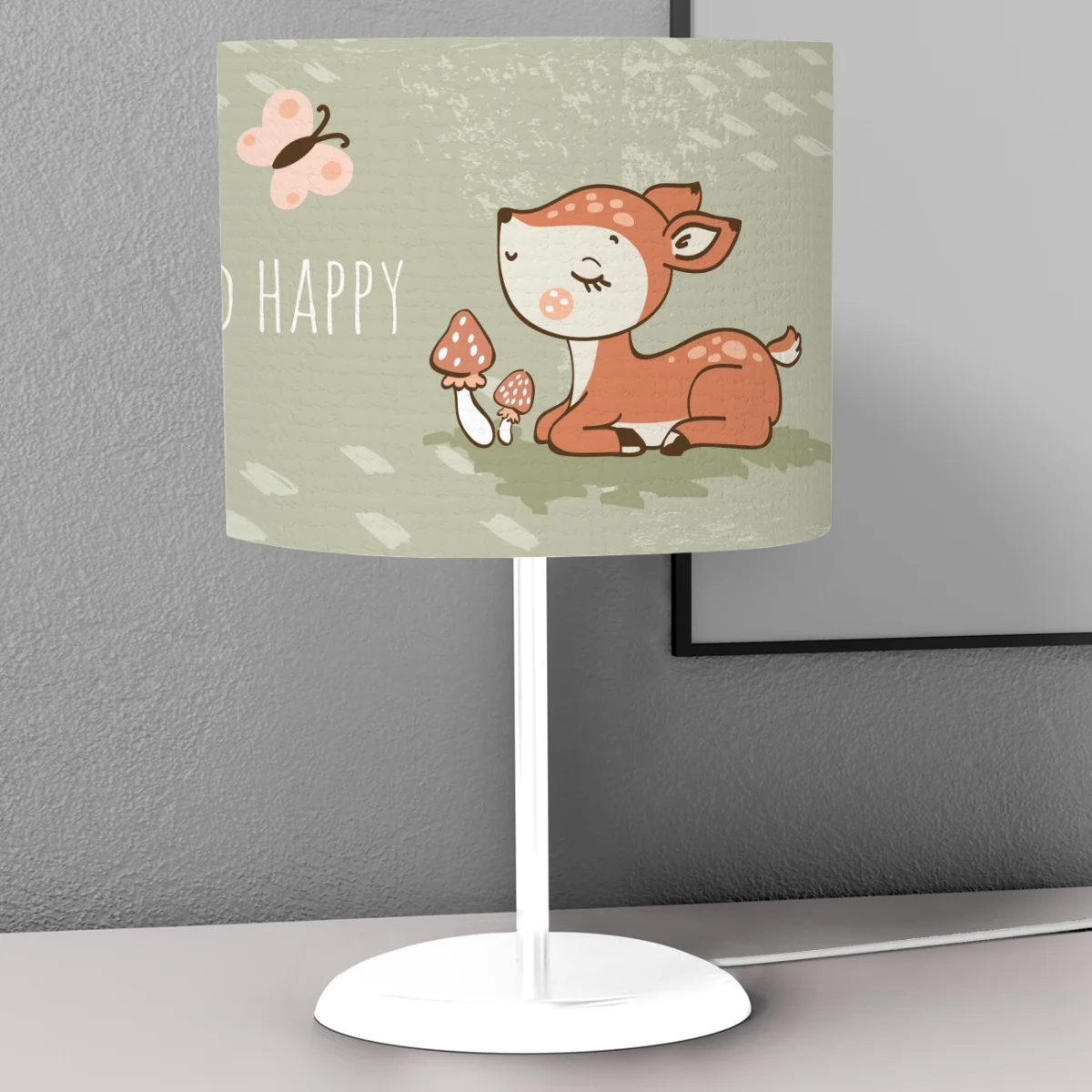 Orman Hayvanları Abajur | Yeşil kelebekler, bulutlar Desenli