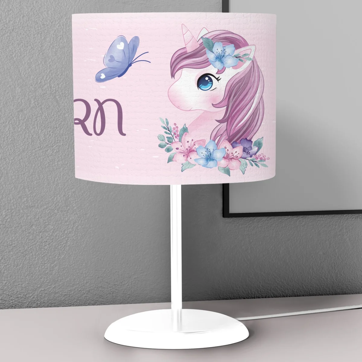 Unicorn Abajur | Pembe çiçekler, kelebekler Desenli
