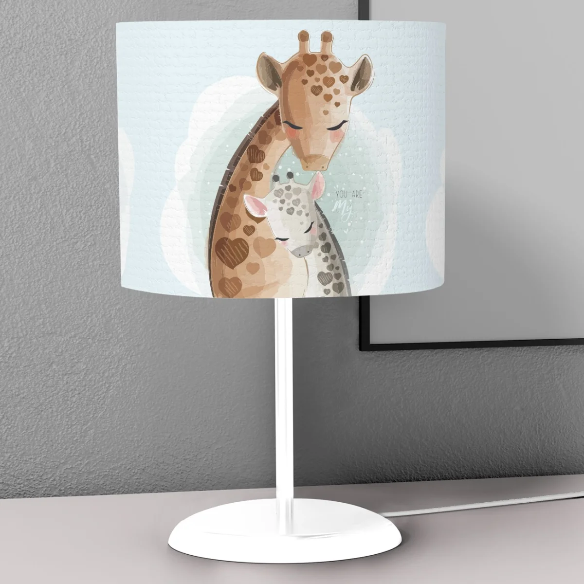 Zürafa Abajur | Mavi kalp lekeler, bulutlar Desenli