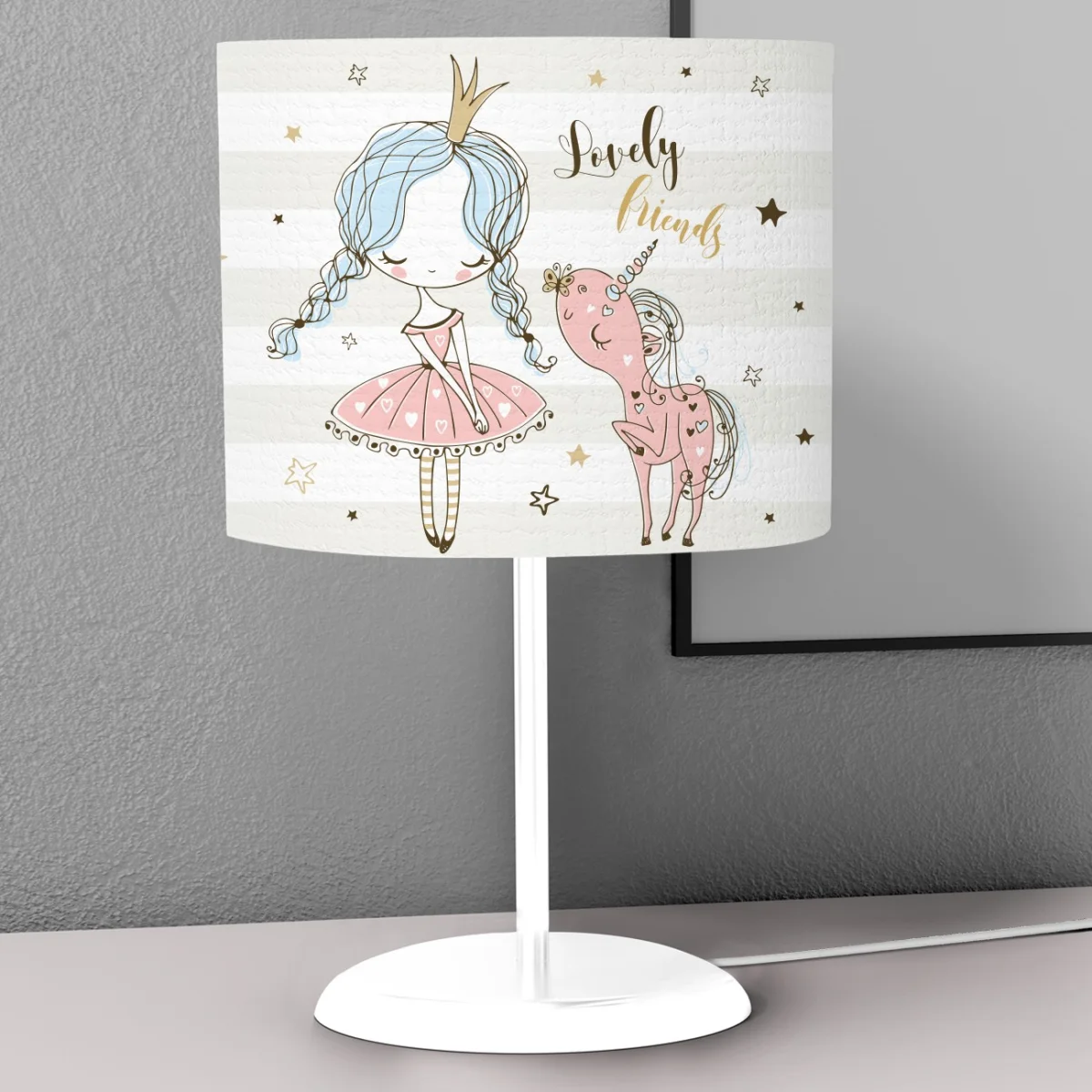 Prenses ve Unicorn Abajur | Beyaz yıldız, çizgili zemin Desenli