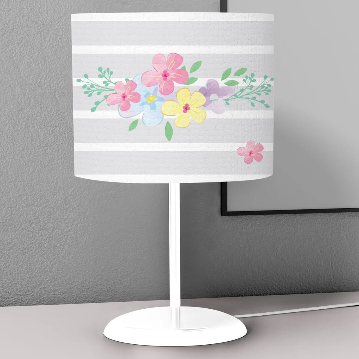 Zebra Abajur | Gri Çizgili zemin, renkli çiçekler Desenli