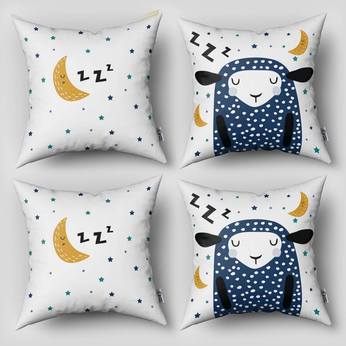 Koyunlar ve Uyku Teması 4lü Kırlent | Beyaz Uyuyan koyunlar, ay ve yıldızlar Desenli