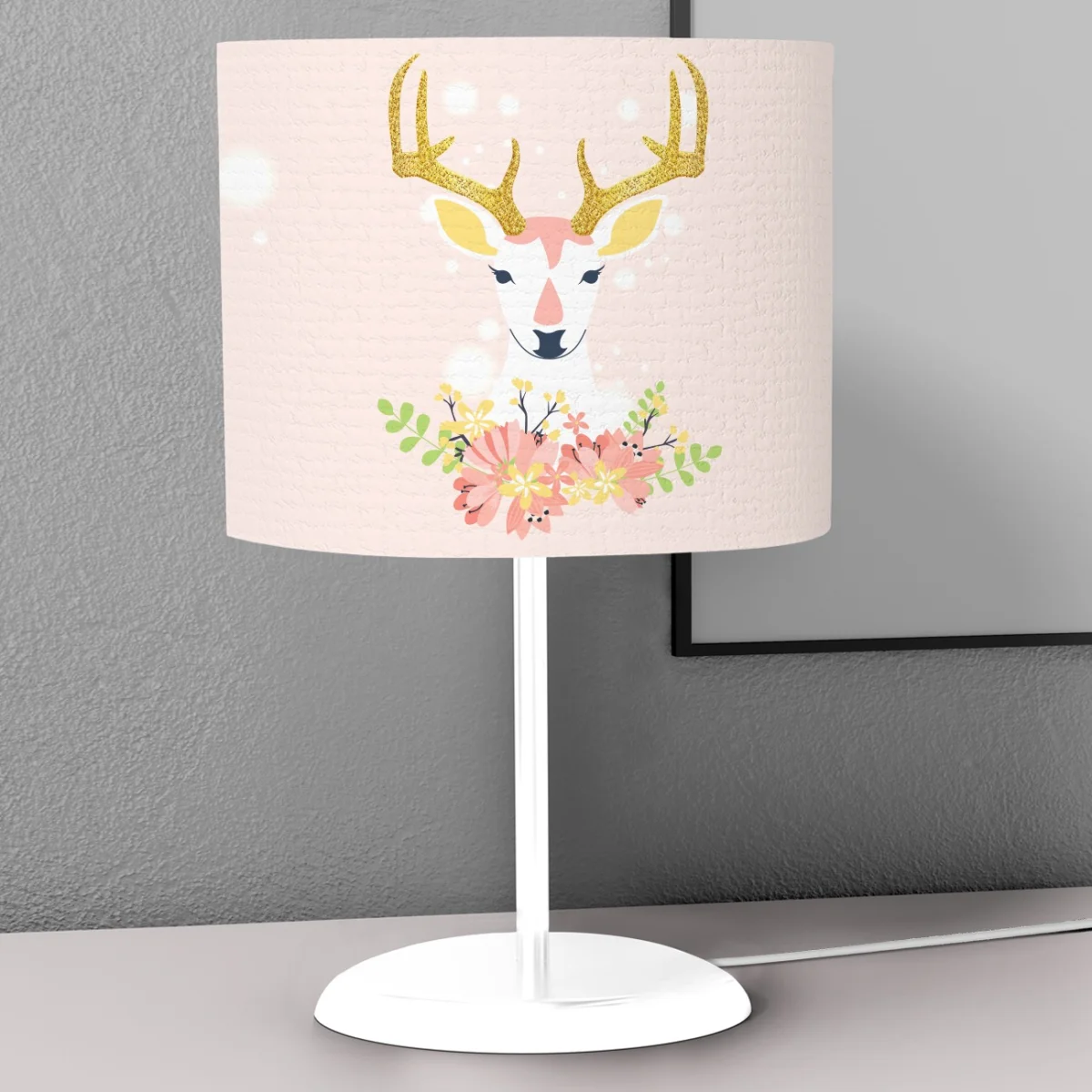 Geyik Abajur | Pembe simli boynuzlar, çiçekler Desenli