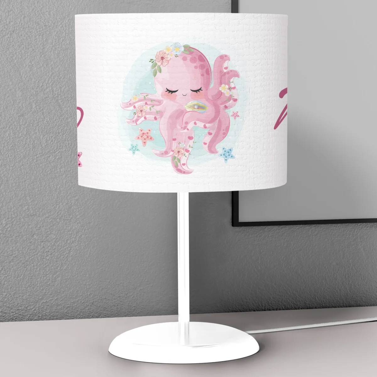 Ahtapot Abajur | Beyaz yıldız, çiçek Desenli