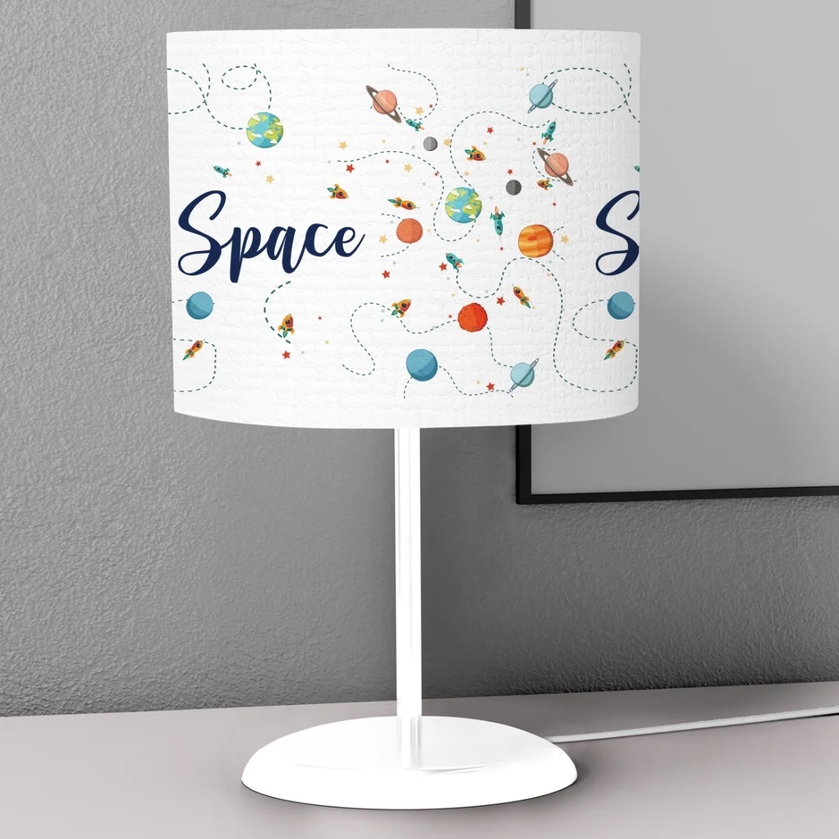 Uzay Abajur | Beyaz roketler, gezegenler Desenli