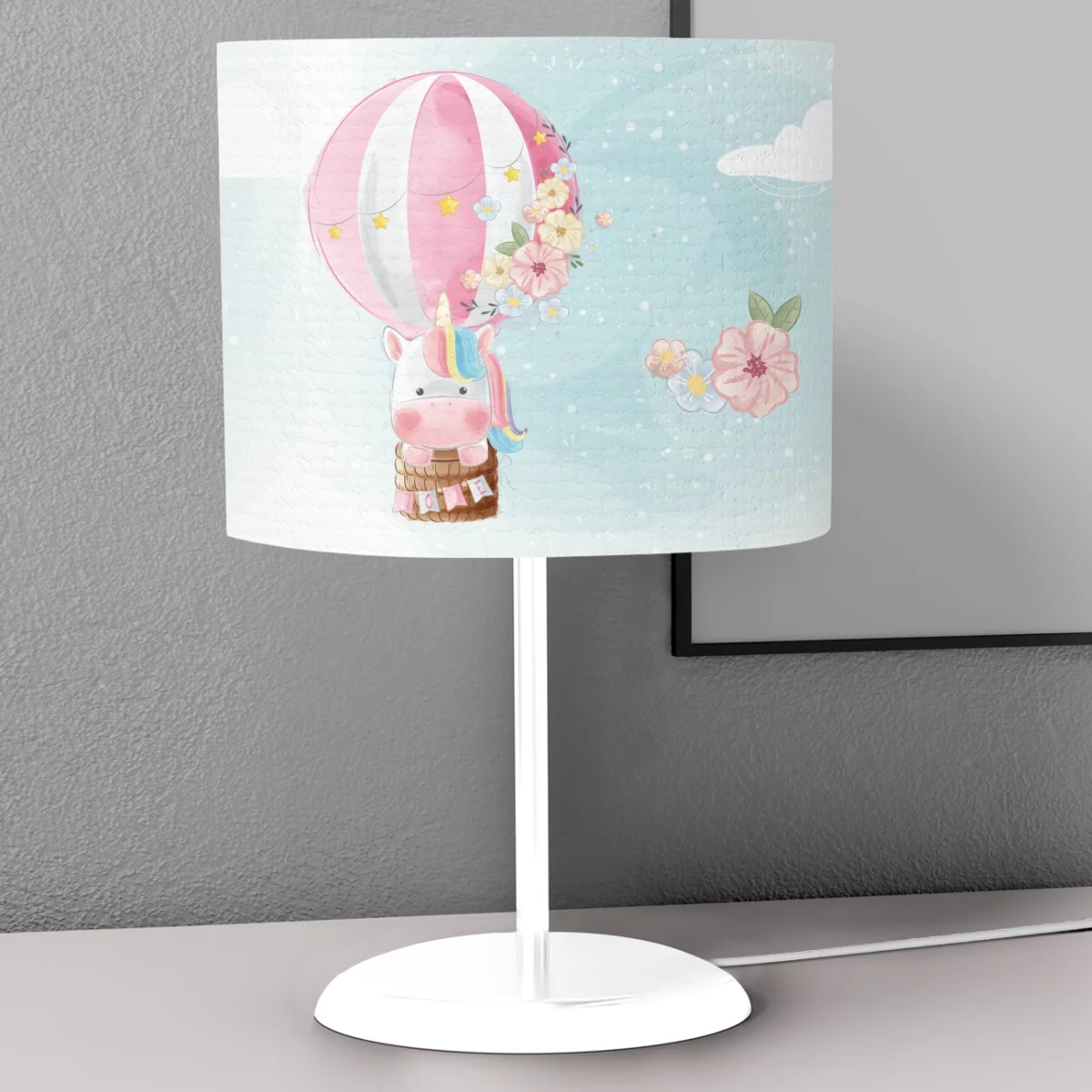 Unicorn Abajur | Mavi sıcak hava balonu, bulut Desenli