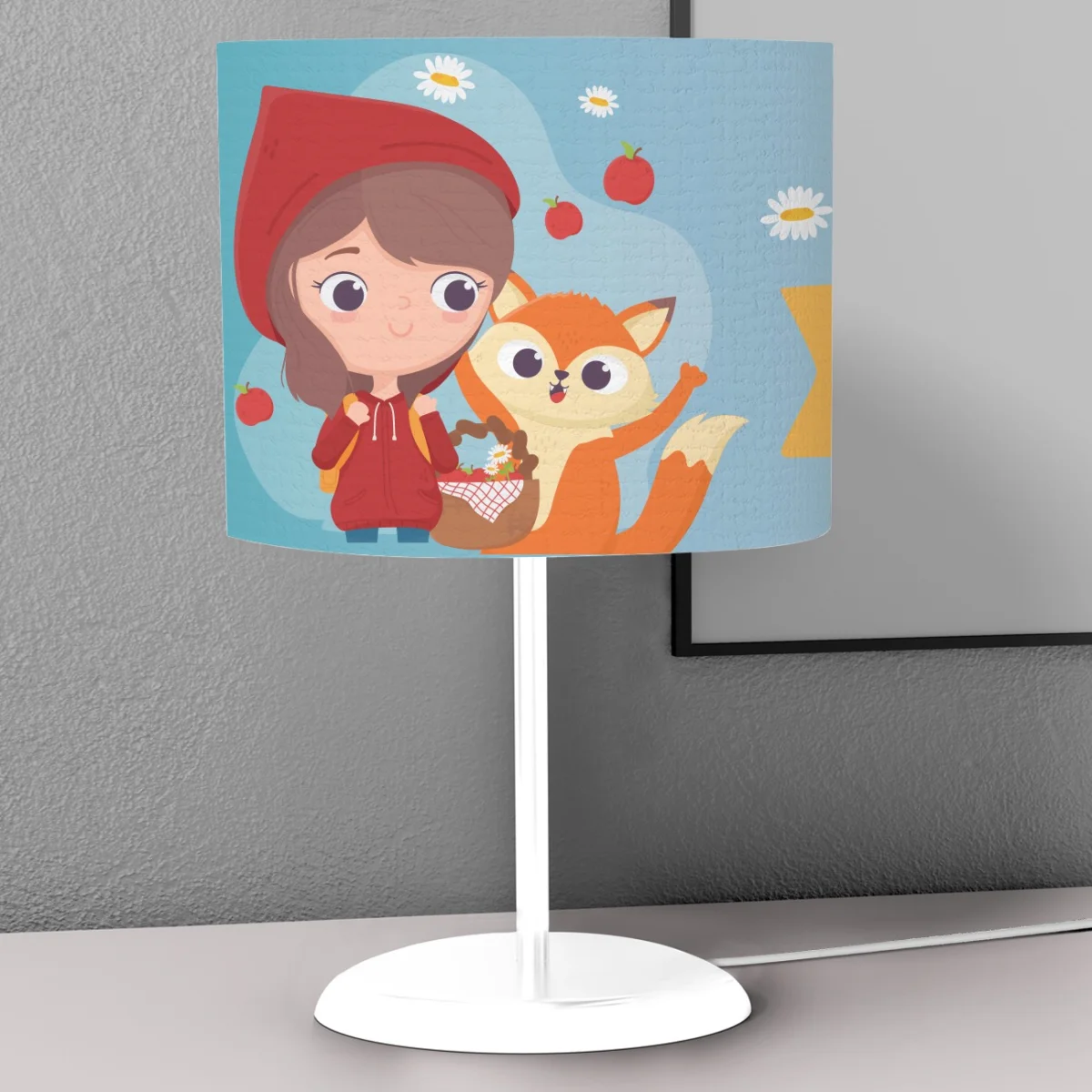 Kırmızı Başlıklı Kız ve Tilki Abajur | Mavi elmalar, papatyalar Desenli