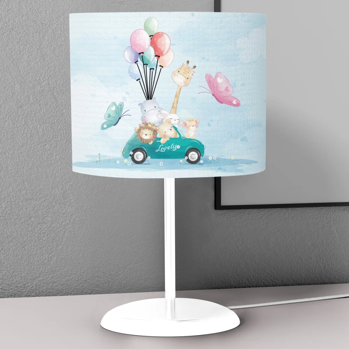 Sevimli Hayvanlar Abajur | Mavi Balonlar, araba Desenli