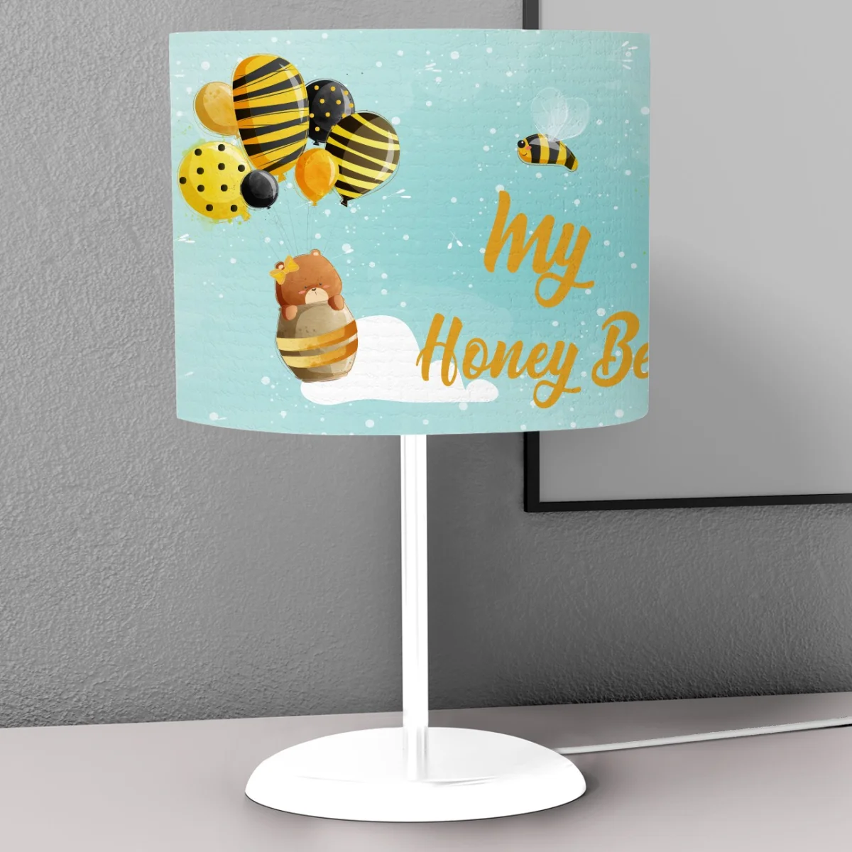 Bal Arısı ve Ayıcık Abajur | Açık Mavi balon, bulut Desenli