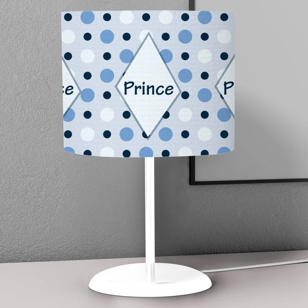 Prens Abajur | Gri Mavi Puantiye, elmas çerçeve Desenli