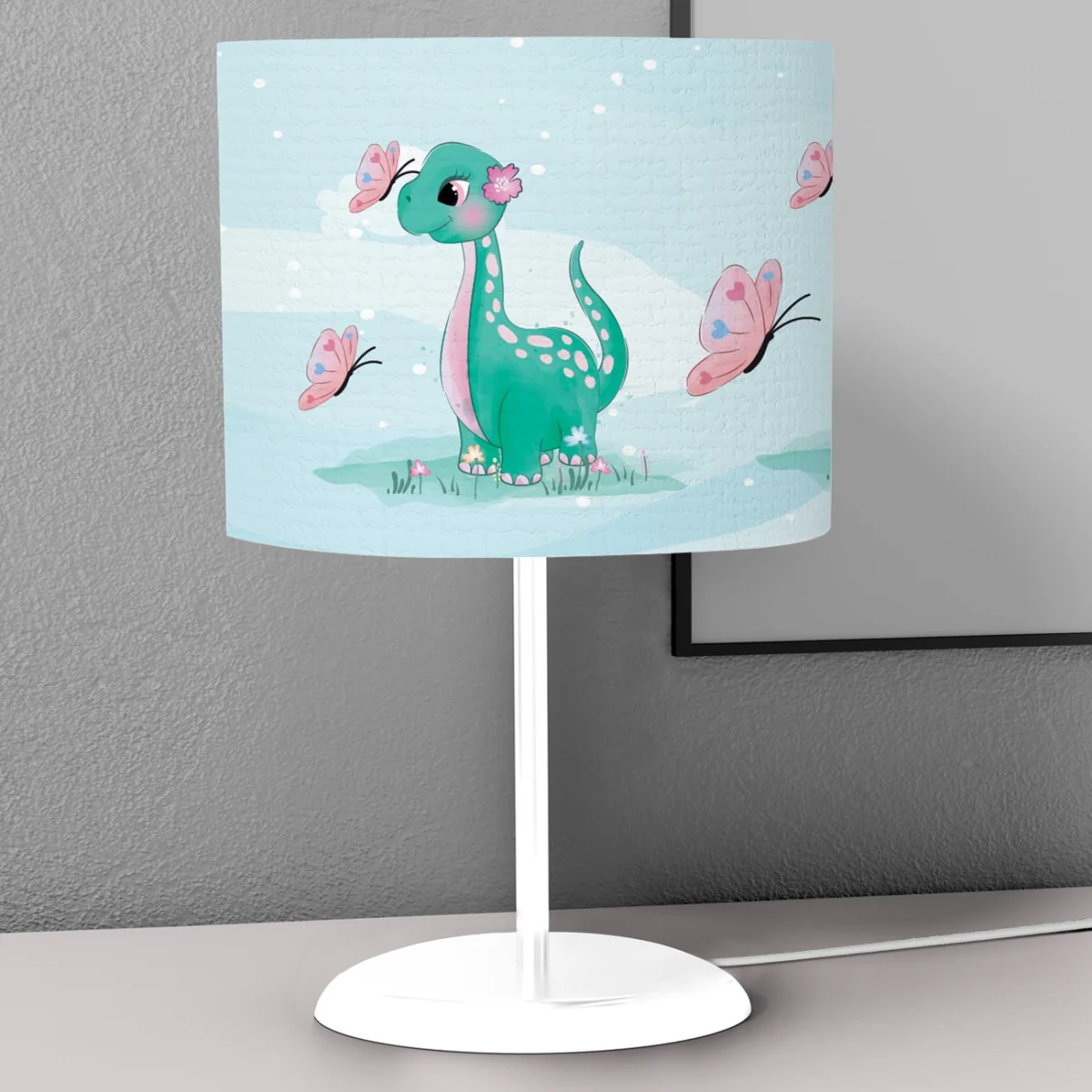 Dinozor Abajur | Mavi kelebekler, çiçekler Desenli
