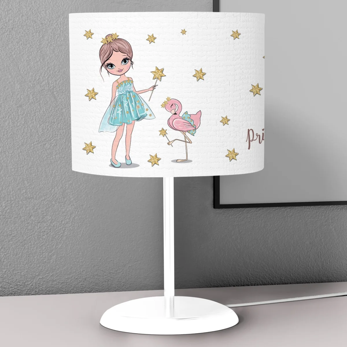 Prenses ve Flamingo Abajur | Beyaz Yıldızlar, Princess Twinkle yazısı Desenli