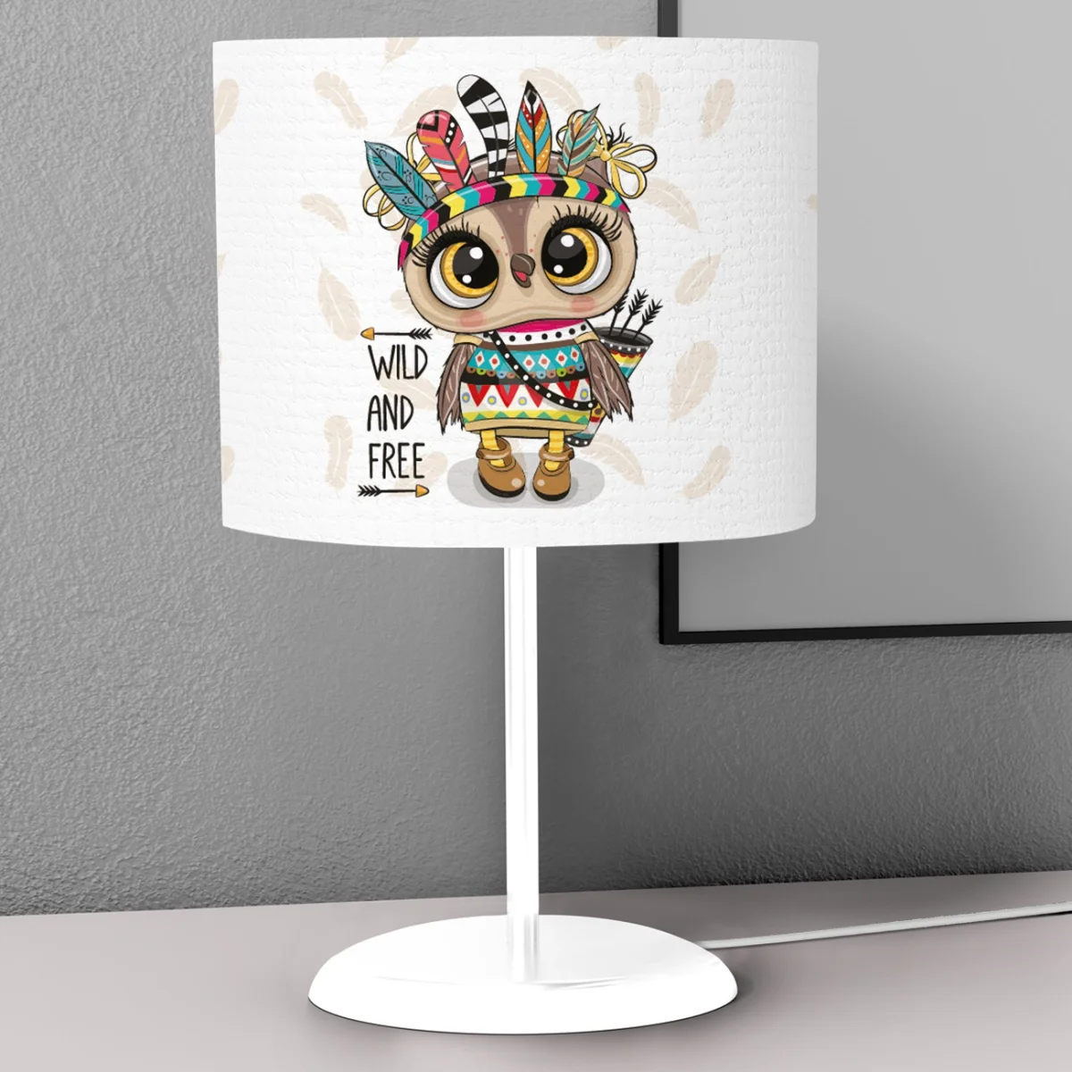 Yerli Baykuş Abajur | Beyaz Tüy desenleri, Wild And Free yazısı Desenli