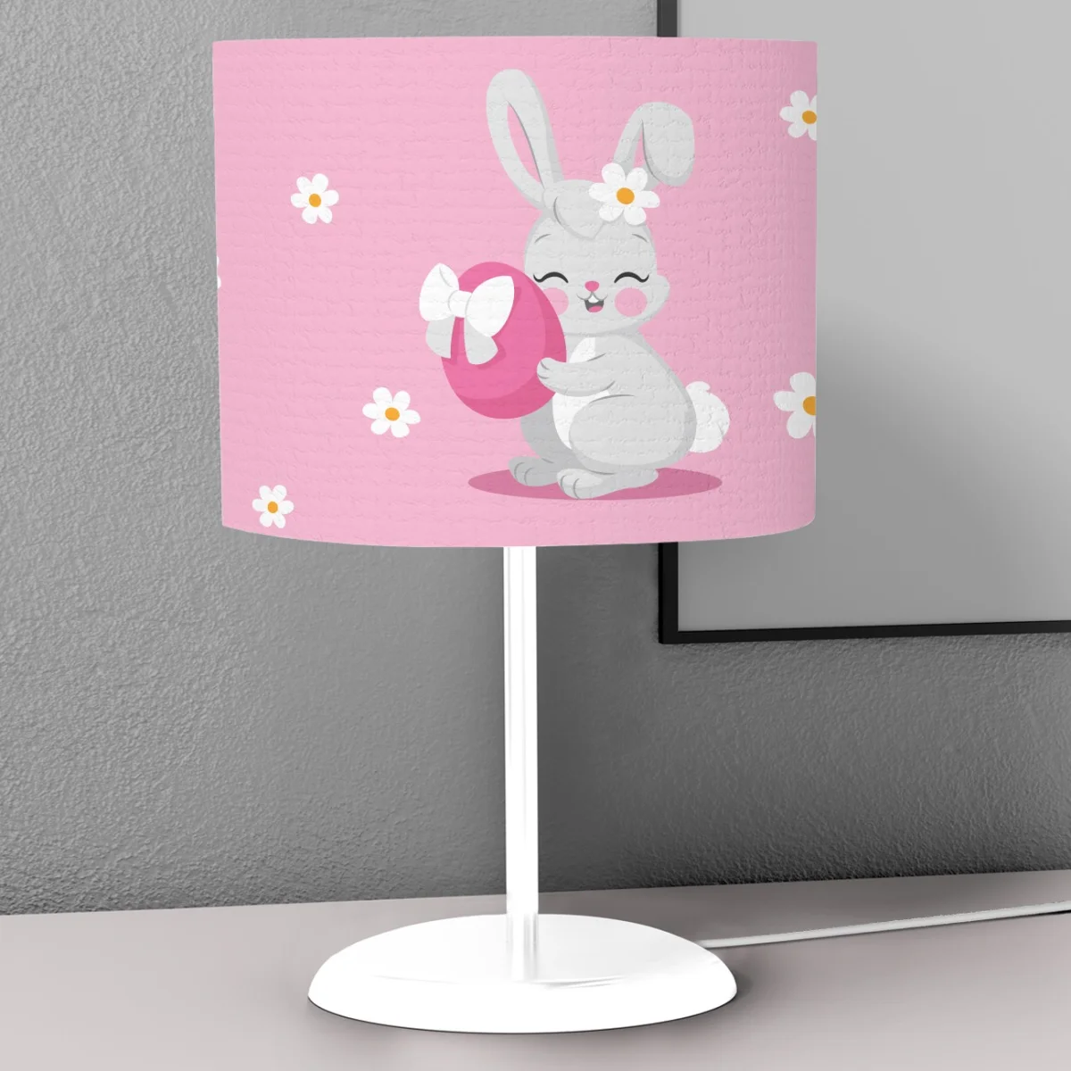 Tavşan Abajur | Pembe Beyaz papatya çiçekleri, pembe yumurta Desenli