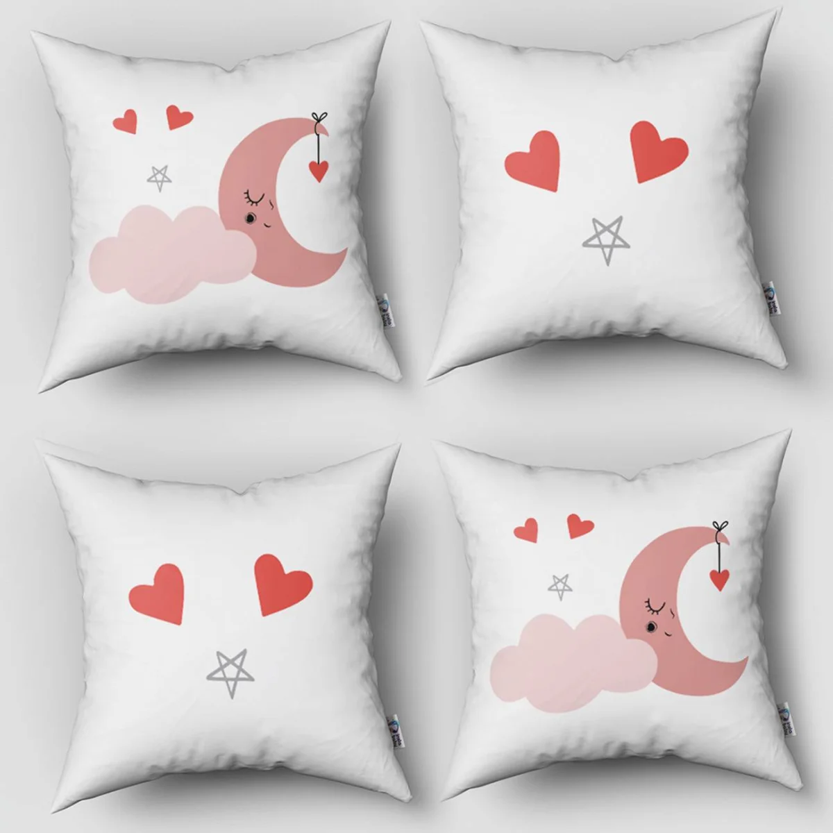 Ay ve Bulut 4lü Kırlent | Beyaz pembe ay, bulut Desenli