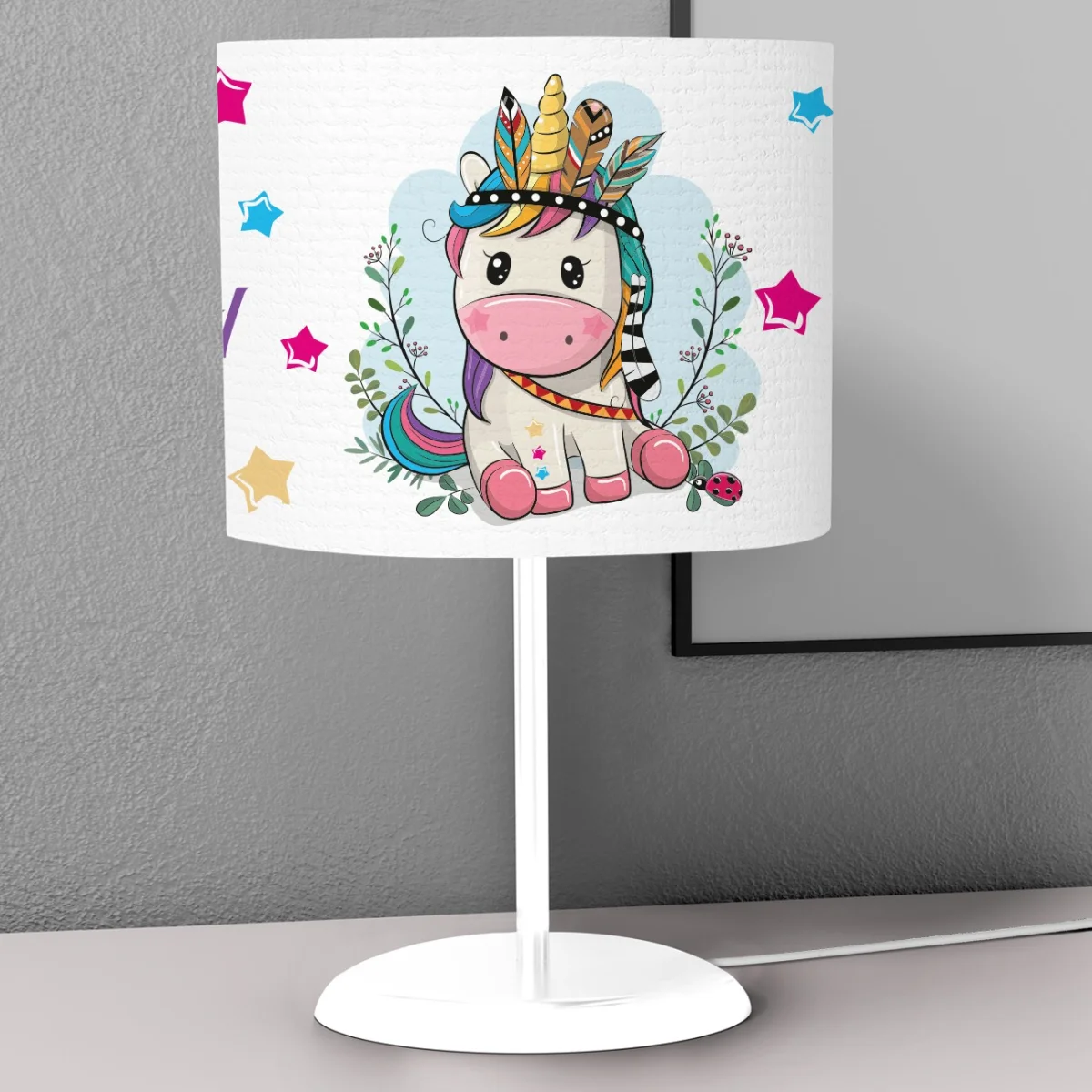 Unicorn Abajur | Beyaz Yapraklar, bulut Desenli