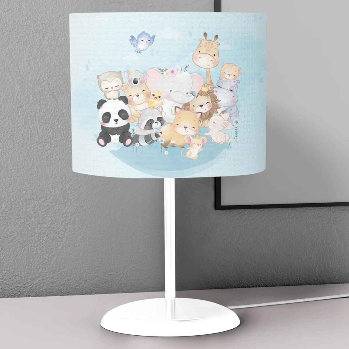 Orman Hayvanları Abajur | Mavi gökkuşağı, bulutlar Desenli