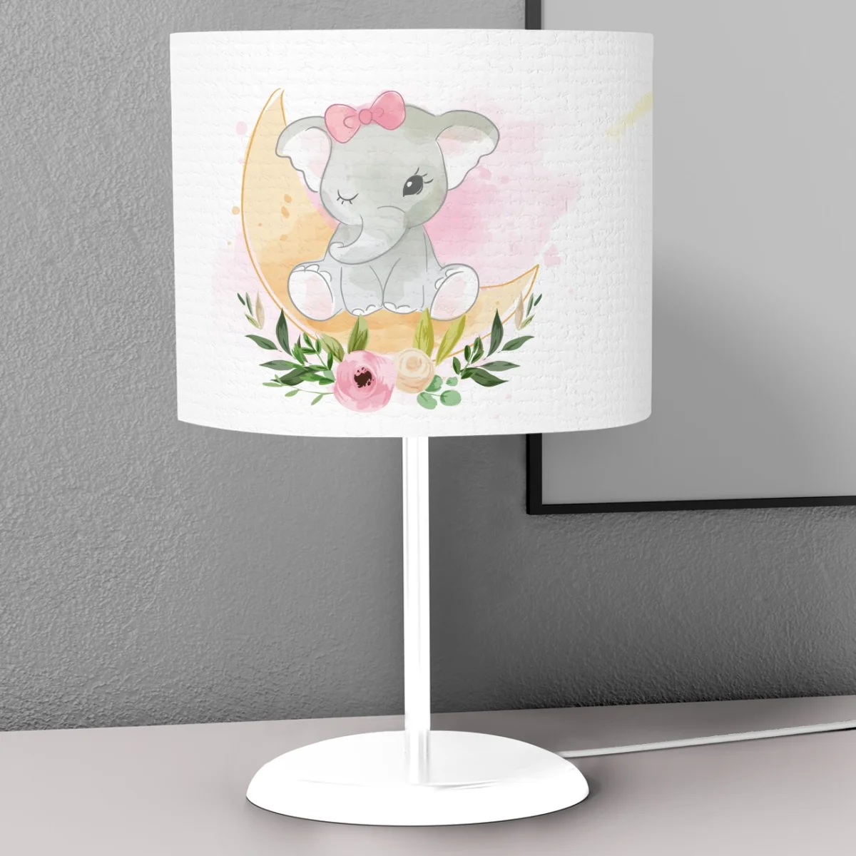 Fil, ay Abajur | Beyaz pembe fiyonk, ay Desenli