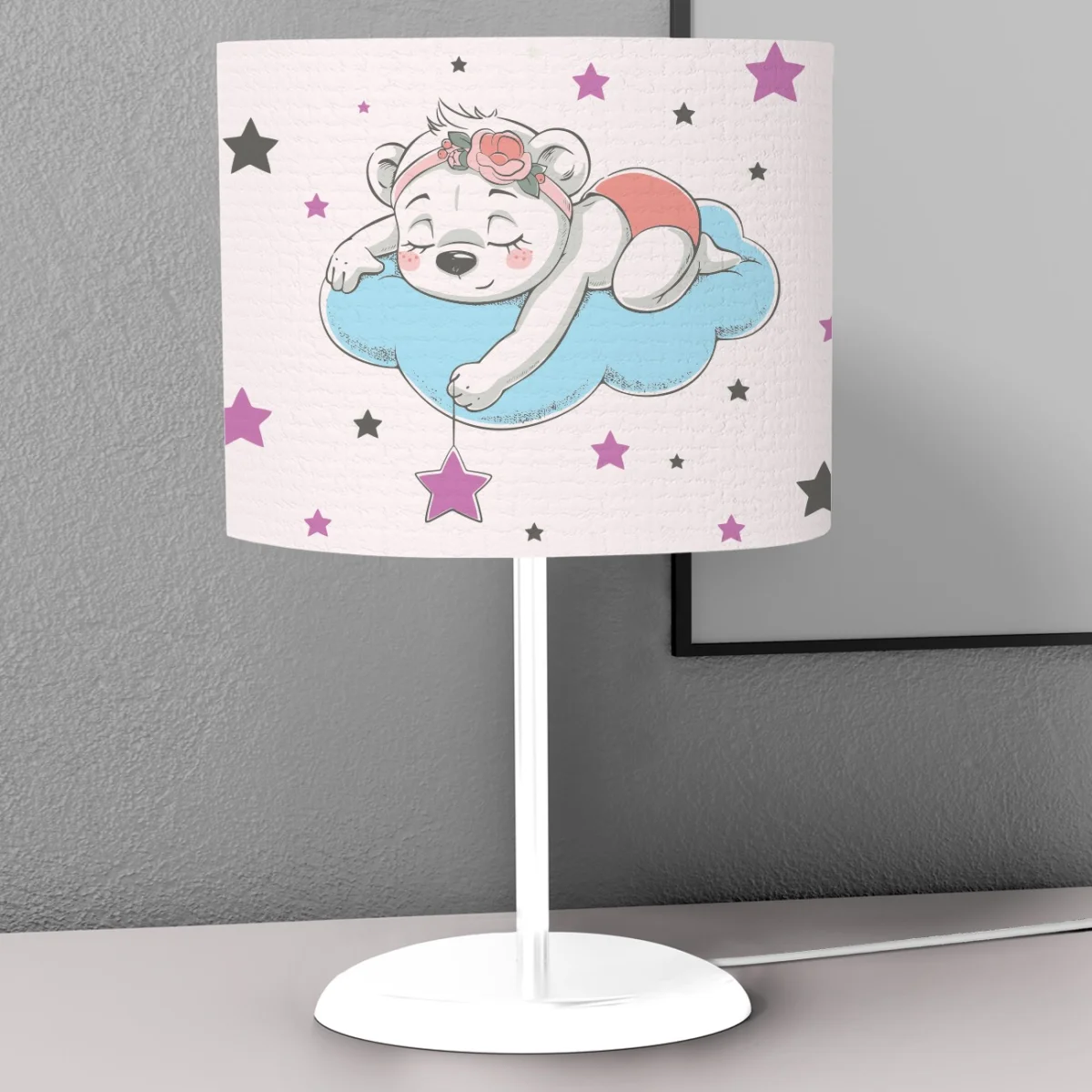 Uyuyan Ayıcık Abajur | Lila yıldız, bulut Desenli