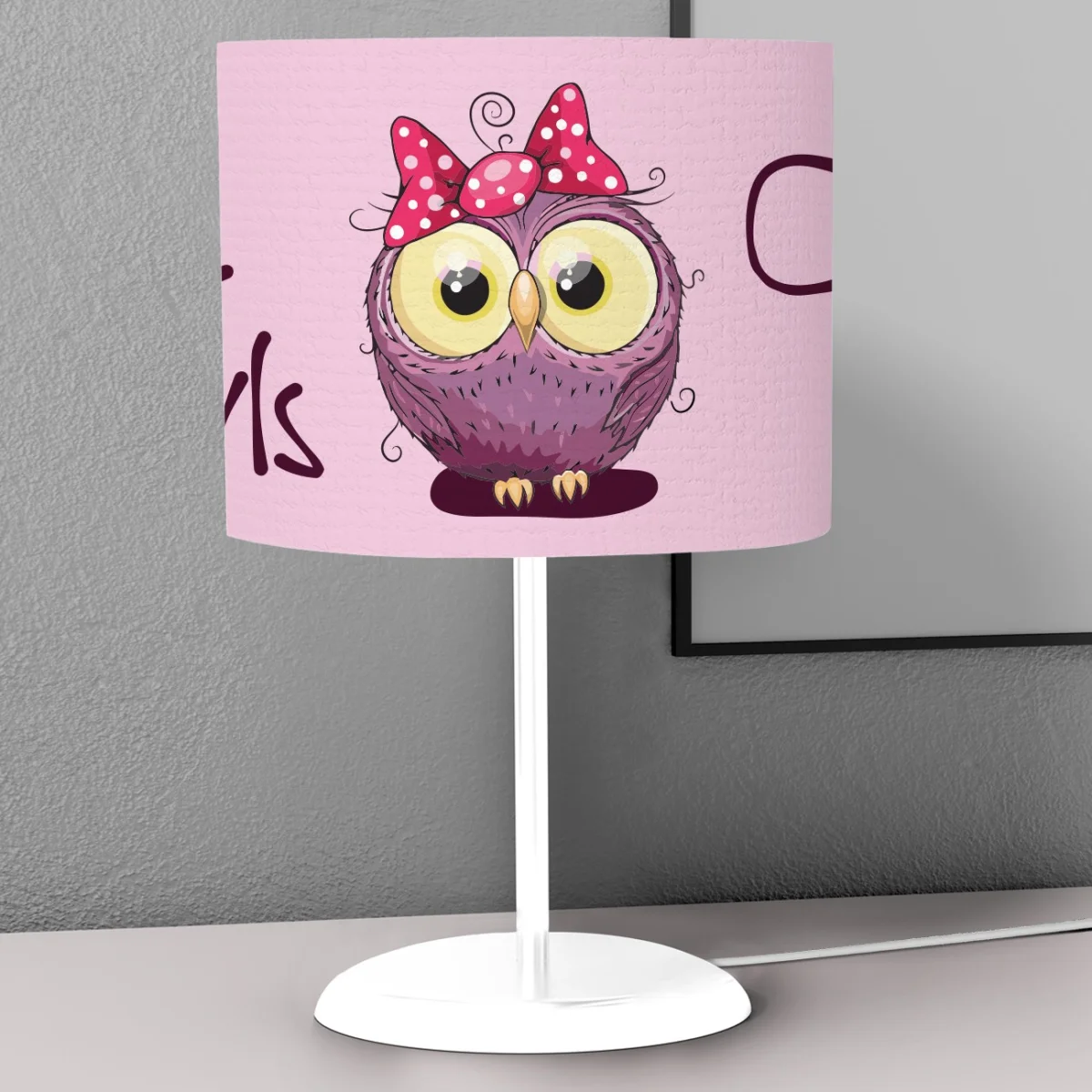 Baykuş Abajur | Pembe sevimli mor baykuş, puantiyeli fiyonk Desenli