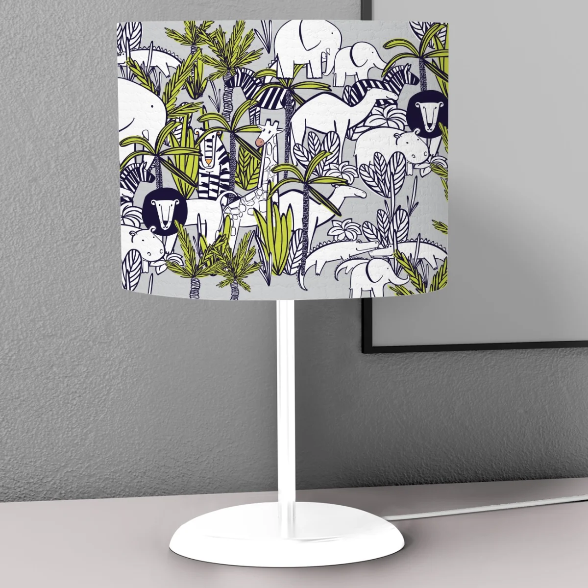 Orman Hayvanları Abajur | Gri tropikal yapraklar, bitkiler Desenli