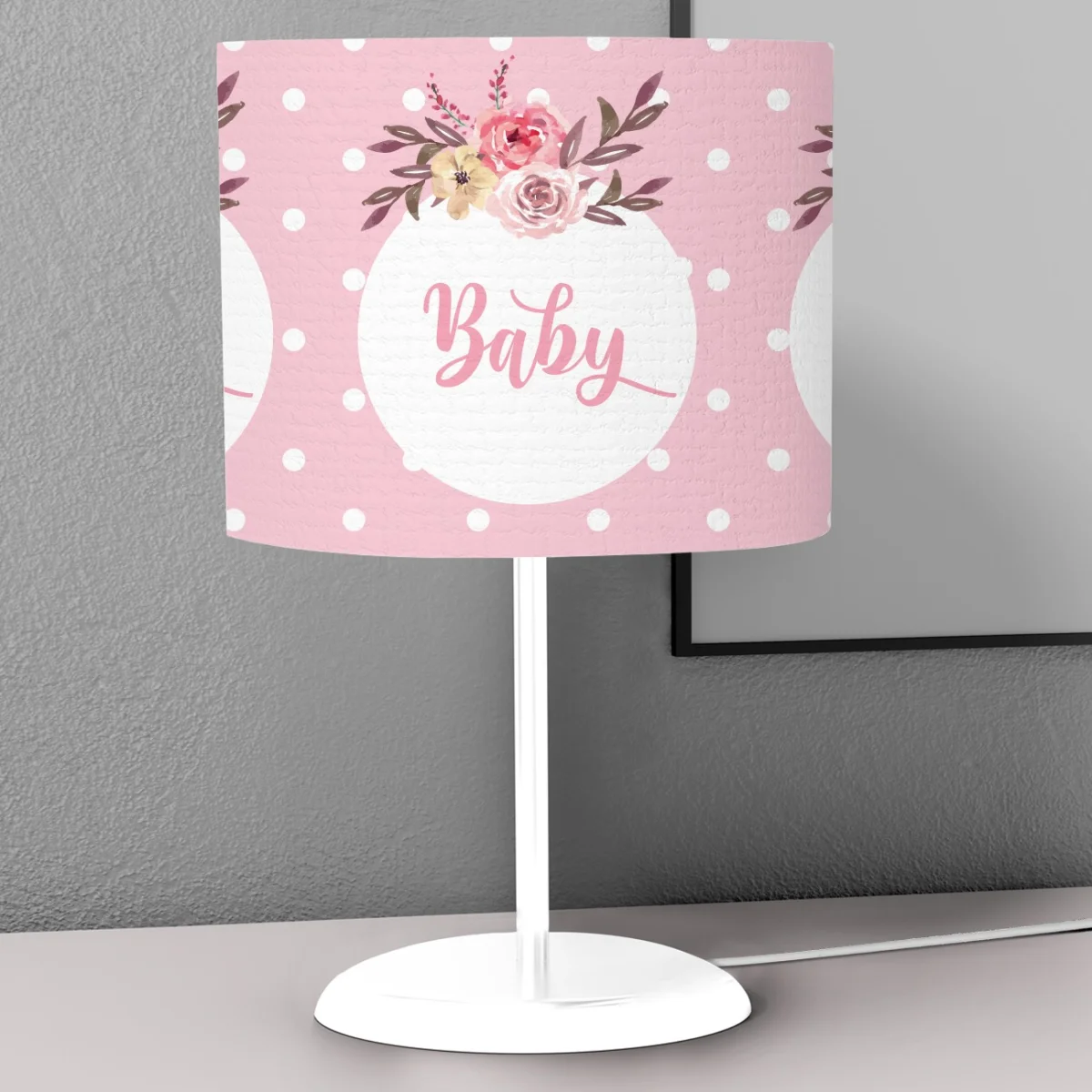 Çiçekli Baby Abajur | Pembe beyaz puantiye, çiçekler Desenli