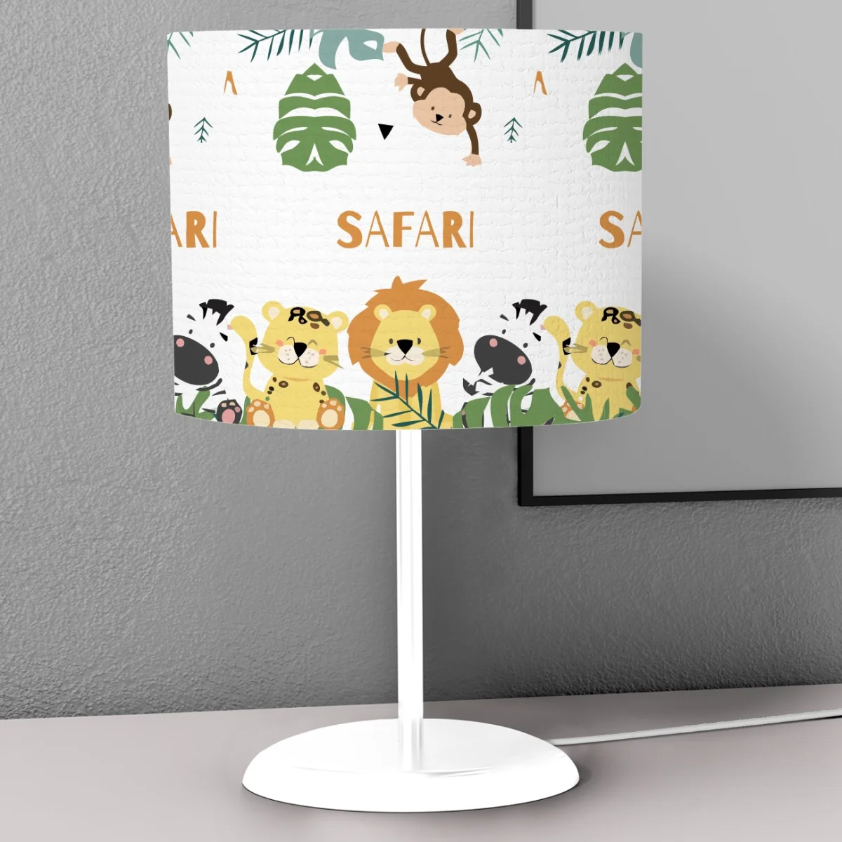 Orman Hayvanları Abajur | Beyaz Yapraklar, üçgenler Desenli
