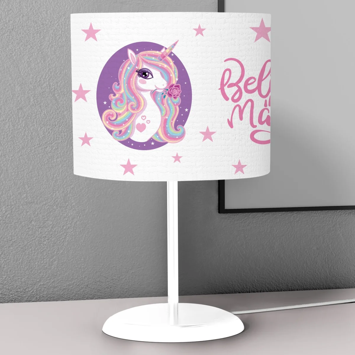 Unicorn Abajur | Beyaz yıldızlar, gökkuşağı Desenli