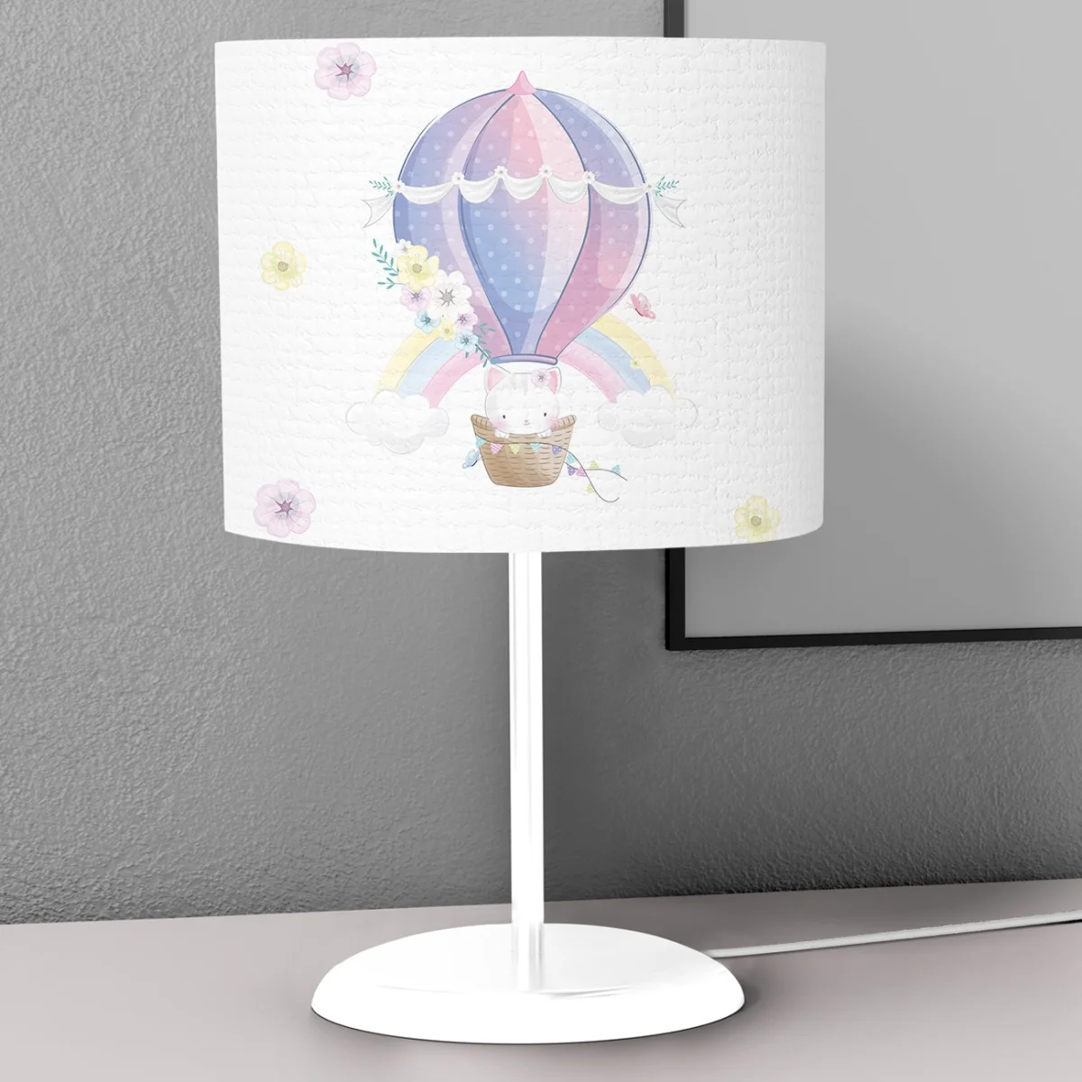 Sıcak Hava Balonu ve Kedi Abajur | Beyaz gökkuşağı, bulutlar Desenli