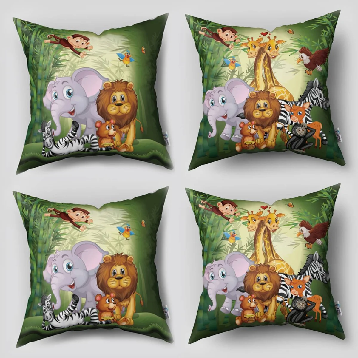 Orman Hayvanları 4lü Kırlent | Yeşil bambu ormanı, kalpler Desenli