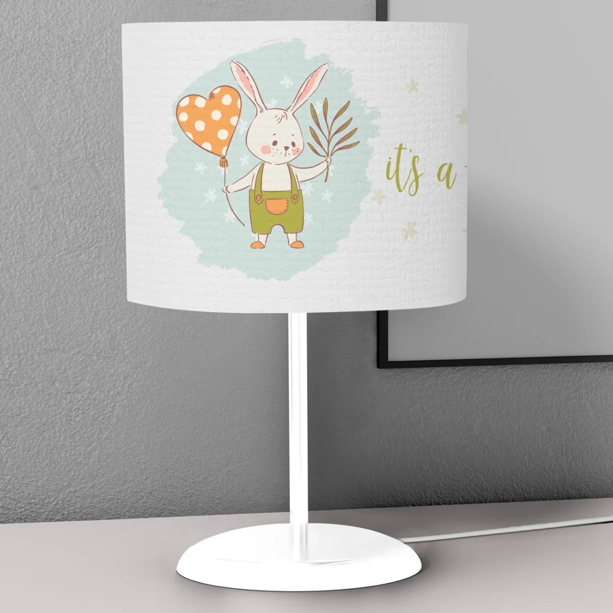 Tavşan Abajur | Beyaz Kalpli balon, yapraklar Desenli