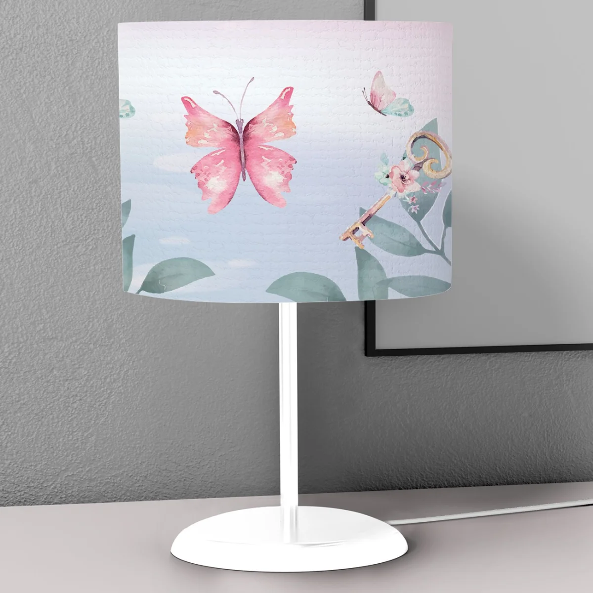 Kelebekler Abajur | Pembe Yapraklar, çiçekler Desenli