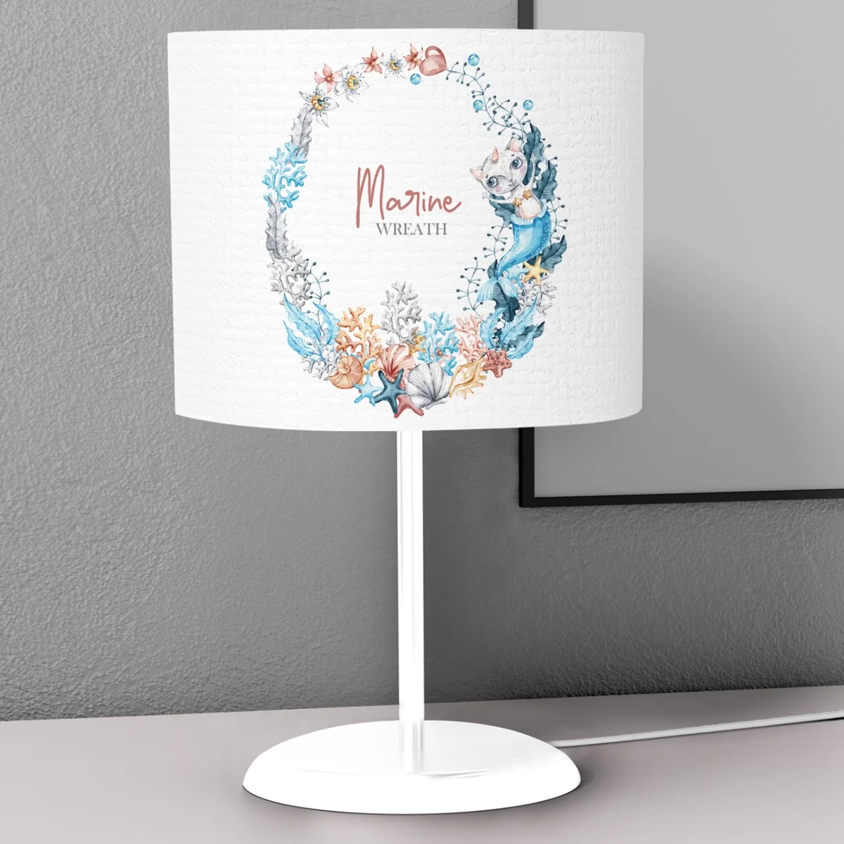 Deniz Kızı Kedi, Marine Çelenk Abajur | Beyaz Mercanlar, deniz kabukları Desenli