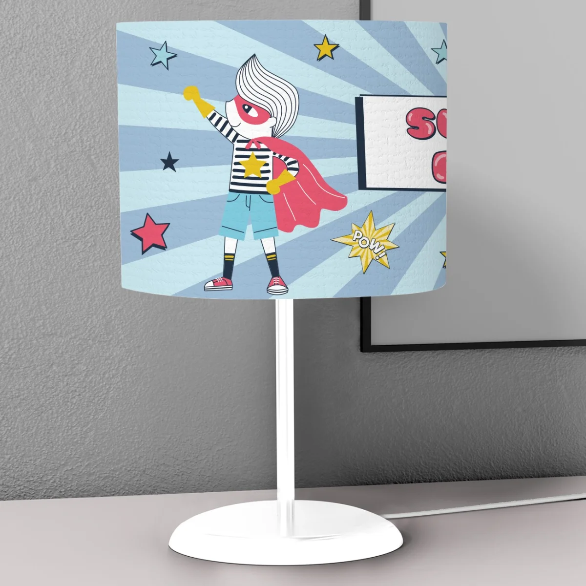 Süper Kahraman Abajur | Mavi yıldızlar, şimşek Desenli