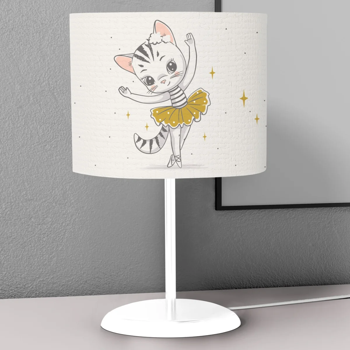 Balet Kedi Abajur | Beyaz yıldızlar, puantiye Desenli