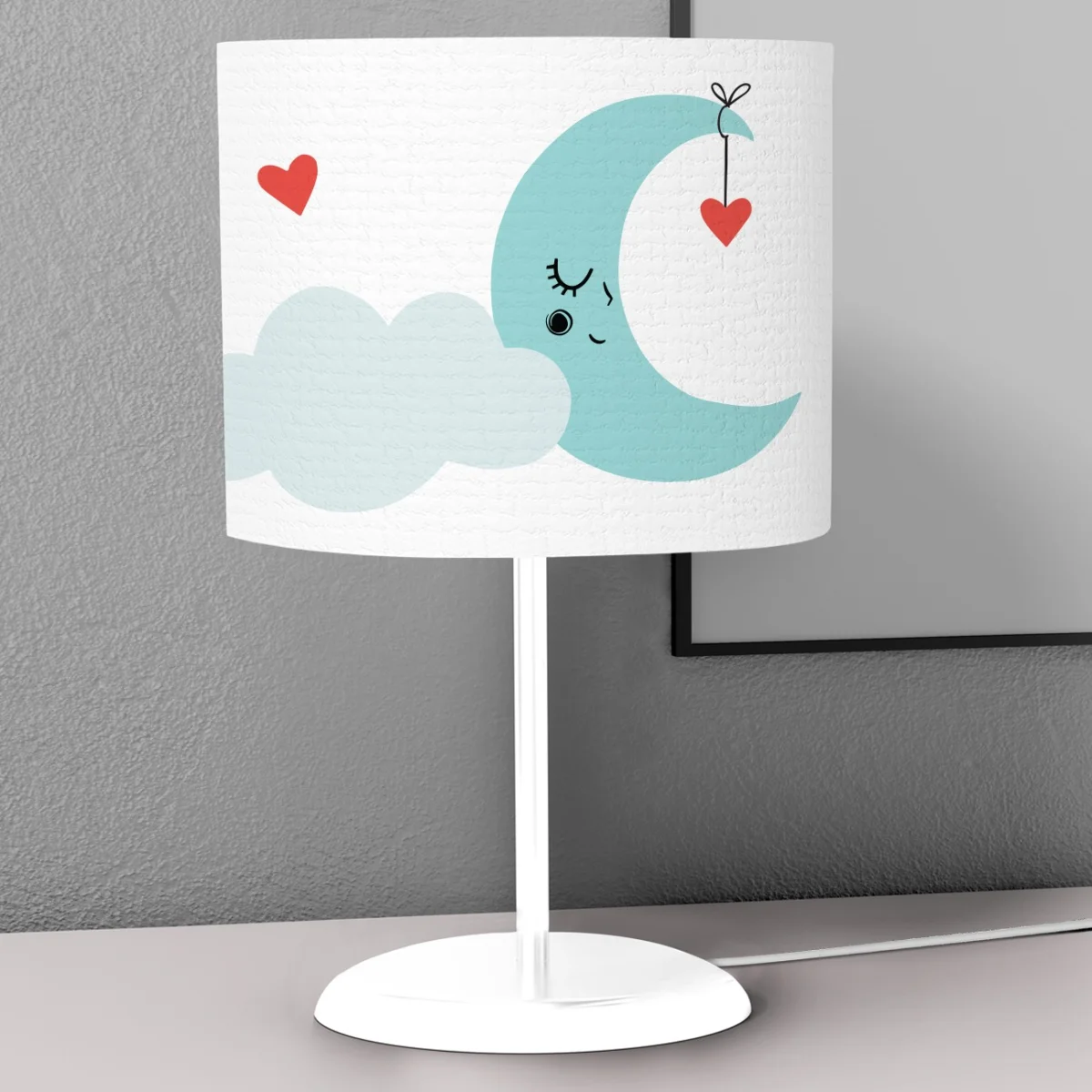 Ay ve Kalpler Abajur | Beyaz uyuyan ay, bulut Desenli