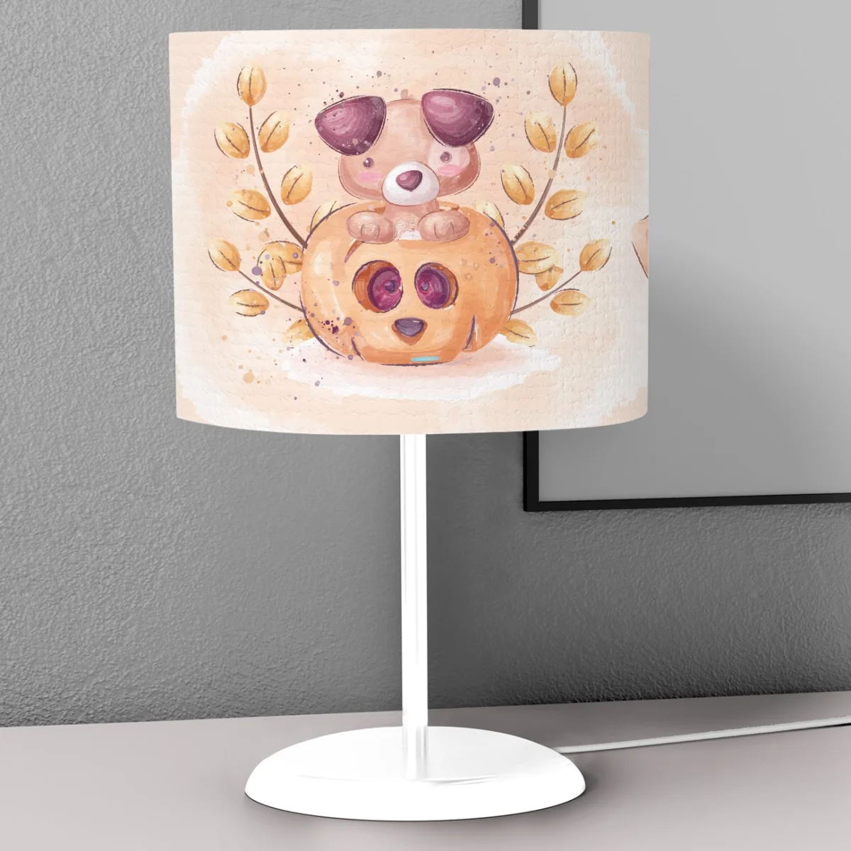 Köpek Yavrusu Abajur | Şeftali balkabağı, sonbahar dalları Desenli