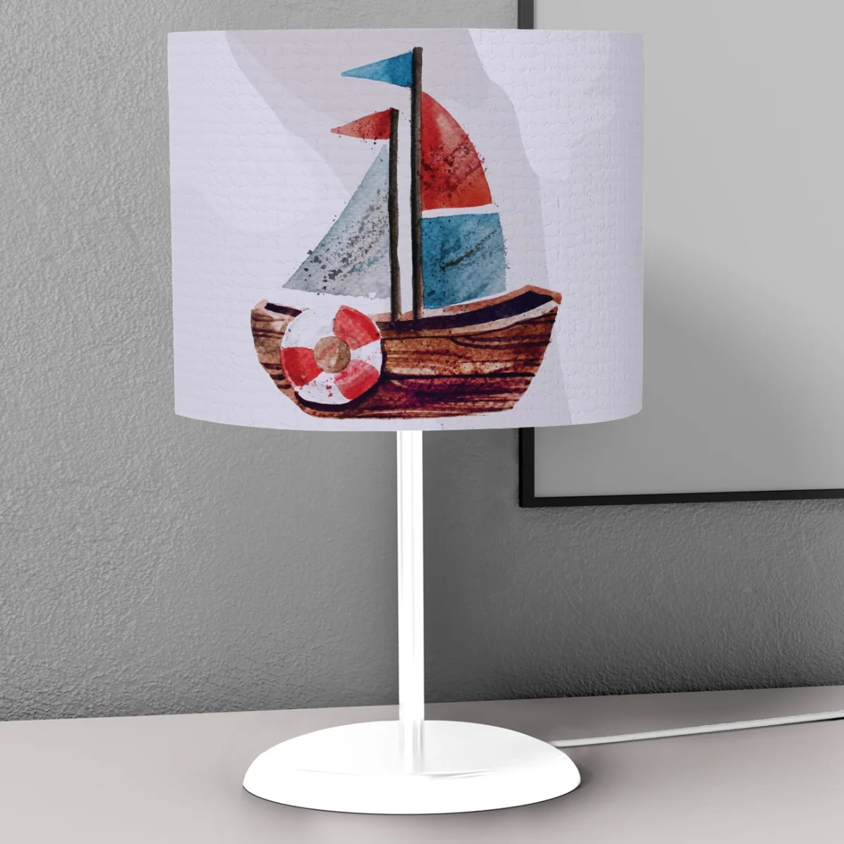 Yelkenli Tekne Abajur | Beyaz cankurtaran simidi, kırmızı Desenli