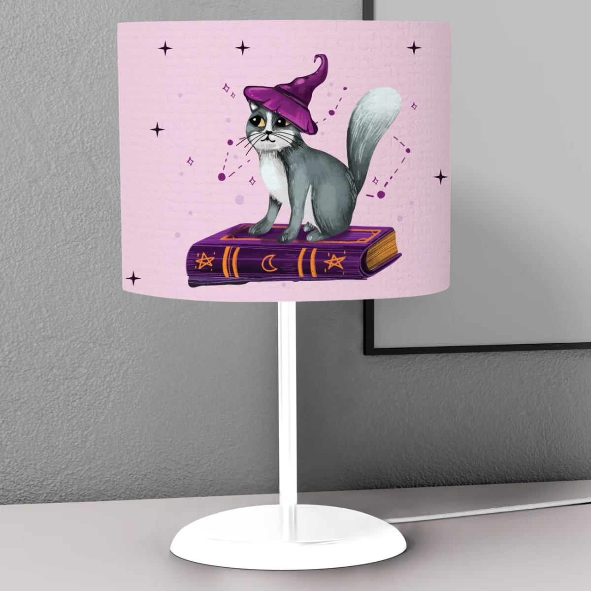 Sihirli Kedi Abajur | Açık Mor Yıldızlar, ay Desenli