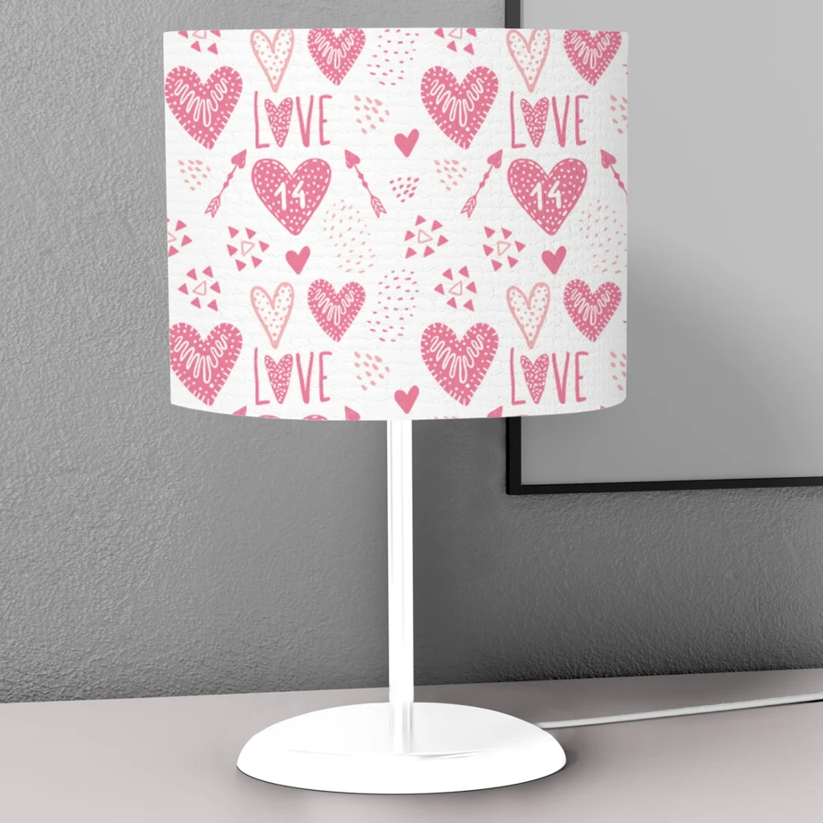 Balerin kız ve kedi Abajur | Pembe kalpler, fiyonklar Desenli