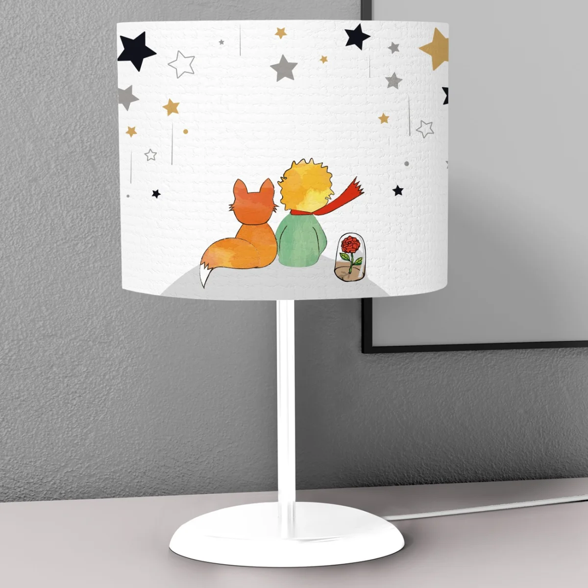 Küçük Prens, Tilki, Gül Abajur | Beyaz yıldızlar, gri Desenli