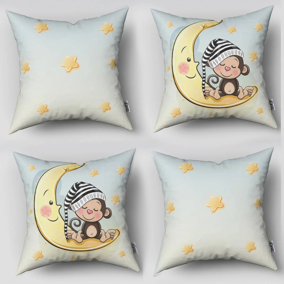 Ay ve Maymun 4lü Kırlent | Mavi yıldız, ay Desenli