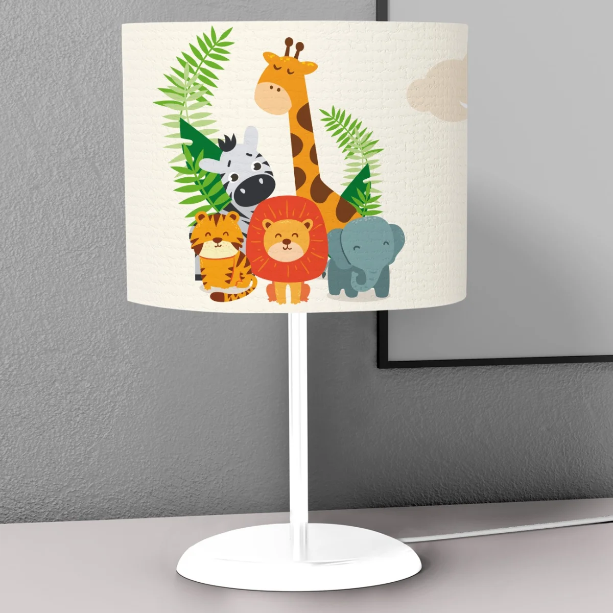 Orman Hayvanları Abajur | Beyaz Yapraklar, kuşlar Desenli