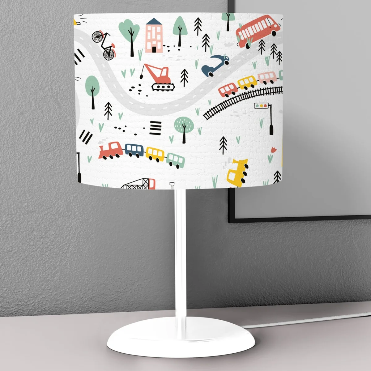 Şehir ve Araçlar Abajur | Beyaz Yollar, binalar Desenli